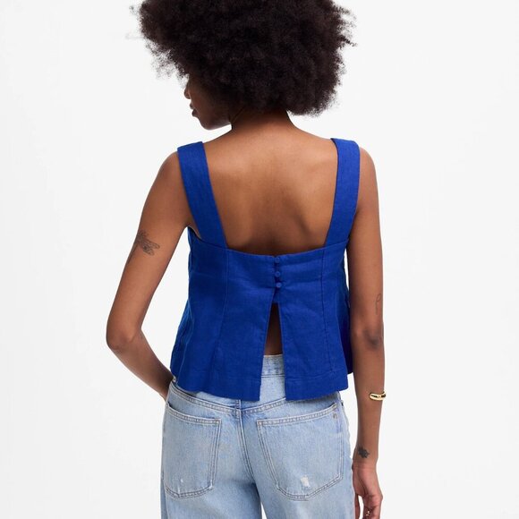 Madewell Curved Neckline 100% Linen Open Back Shell Tank Blue Size 8/M NWT - Picture 3 of 8